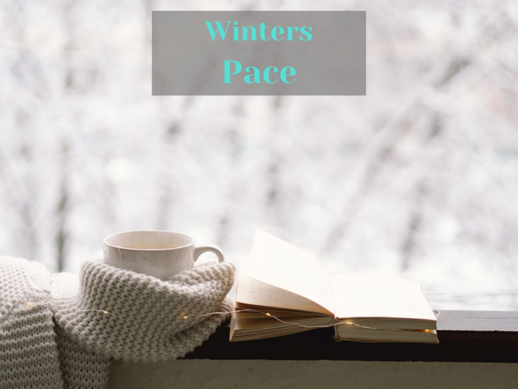 a cup of tea, a journal, in front of a window looking out on a snowy scene